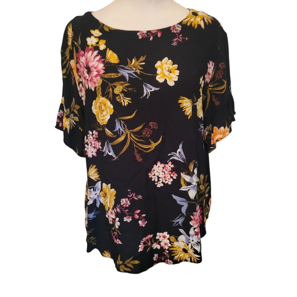 LOFT Black Floral Short-Sleeve Blouse with Yellow and Pink Flowers